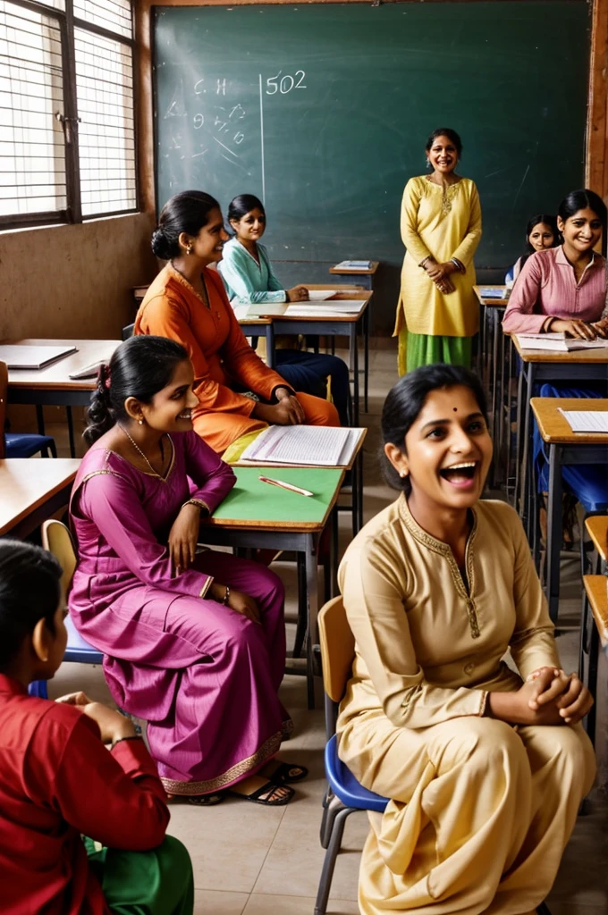 50 years old economics teacher who looks like 35, teacher is dressed in Indian salwar kameez, 40 students aged 19 years, enjoying classes, laughing together, expressing deep love and respect