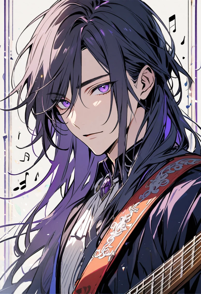 male, handsome, parted bang, long hair, navy hair, musician, purple eyes, music notes, main face, front face
