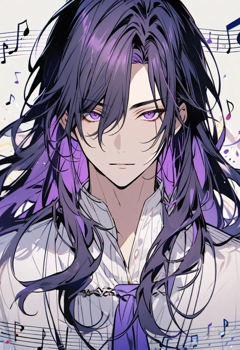 male, handsome, parted bang, long hair, navy hair, musician, purple eyes, music notes, main face, front face