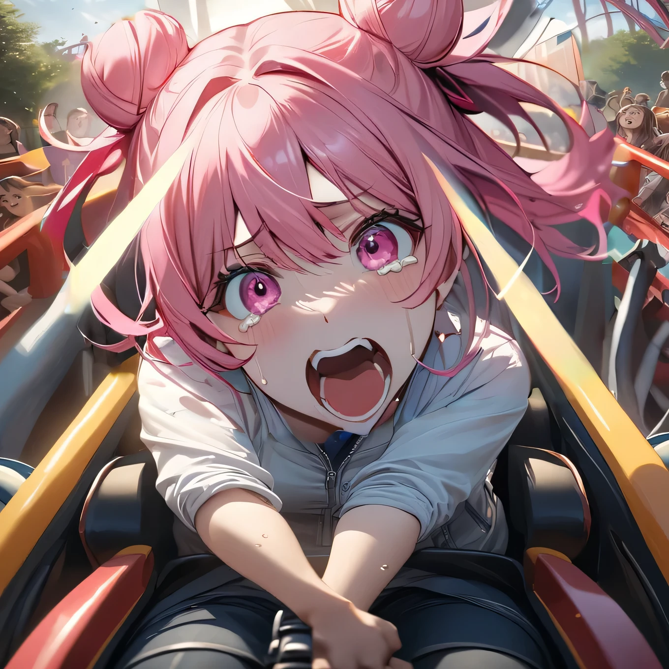 masterpiece, Highest quality, High resolution, {Detailed and beautiful eyes}, finely, Detailed and beautiful eyes, (Hair Ribbon:0.4), Pink Eyes,(((White bun hair))),(((Long pink hair))),(((Screaming face))),(((Open your mouth wide and scream))),(((I'm crying because I'm scared))),(((Tears))),