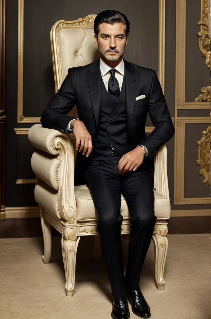 ((best quality)), ((masterpiece)), (detailed), perfect face, royal father sitting on chair ,son is standing back,black suits,father keep one leg on another leg ,son standing smart ,both wearing black suits
