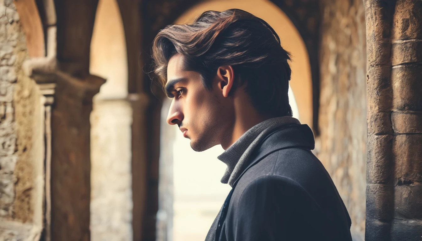 handsome young man alone sad and melancholy in half profile in a castle corridor