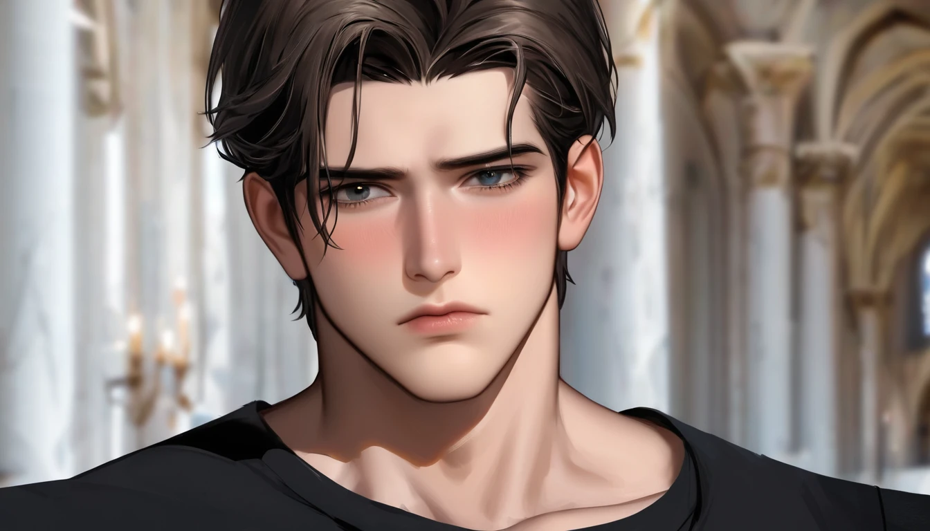 handsome young man alone sad and melancholy in half profile in a castle corridor