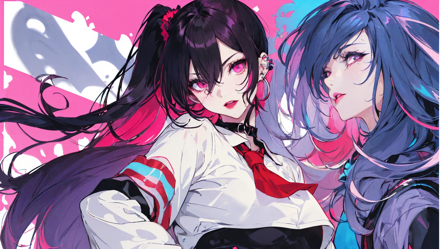 hair above one eye, Purple eyes, Clear Eyes, choker, Neon Shirt, torn legwear, open jacket、Blue pubic hair catches my eye,Bright red background、Red background, graffiti, Shineing grafiti, Shineing tattoos, Shine, Neon Light, Black light,Anime Style, movie portrait photography, 1 female, 22 years ago, Whole Body Ezbian,Big and ample breasts, anger, (Scarlet Hair), Long Hair, Purple eyes, wearing a short black dress, (Natural skin texture vivid details, Surreal, (Realistic eyes, Natural skin texture, Realistic facial details), Soft and dramatic lighting, Written boundary depth, Bokeh, vivid details, Surreal, 35mm movie, Absent-minded, movie,lipstick, ear piercing, eye shadow, Hoop Earrings, red pink lips, multicolored red eyes, Red background,Beautiful Eyes,Bold Pose、Strike a Pose,upper ponytail,drooping bangs,Droopy eyes、((school uniform))、high school girl