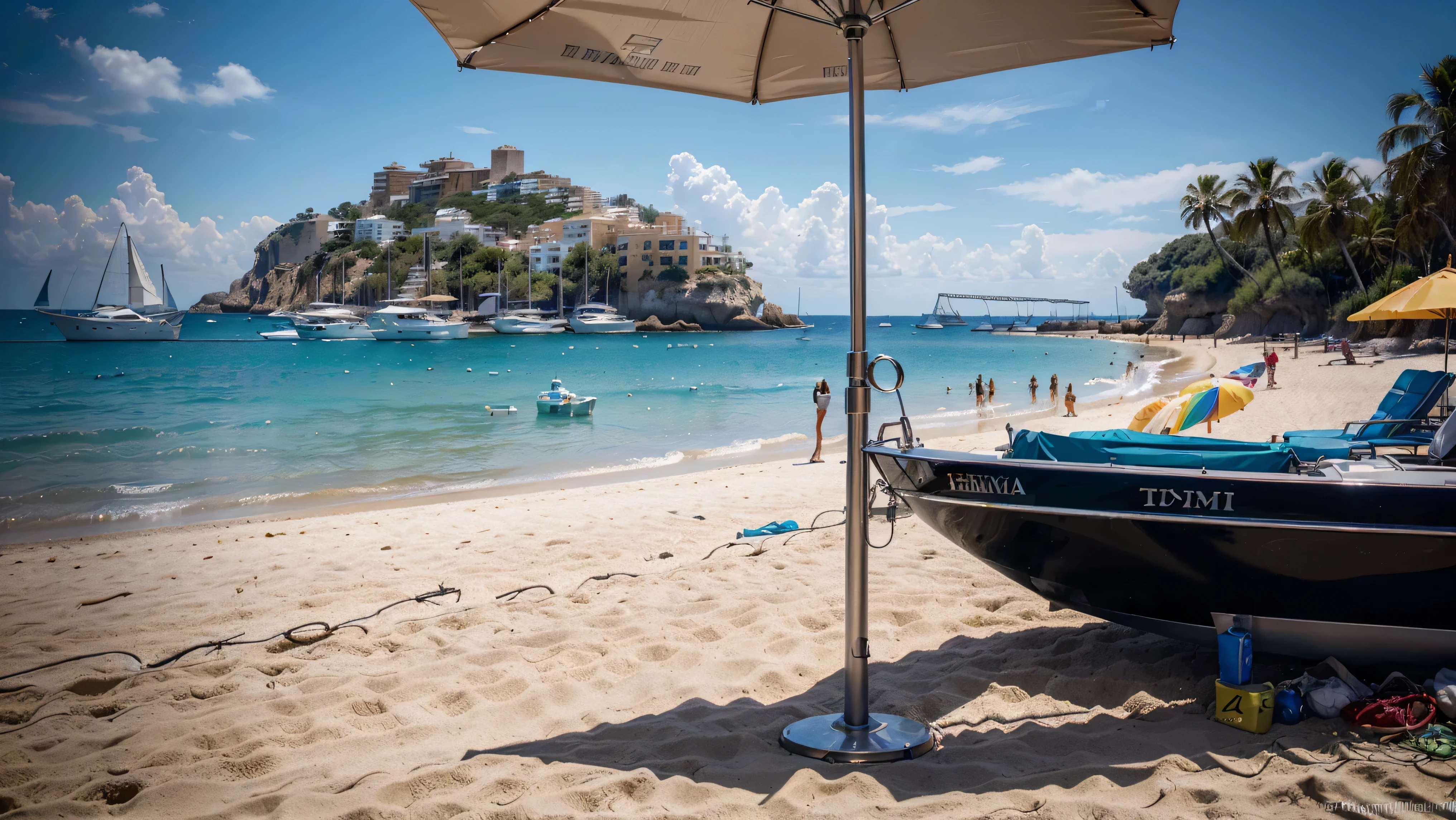(ultra-high definition, hyper-realistic, highly detailed, high quality, sharp focus, professional lighting, vivid colors, intricate details), (beach in Ibiza Spain background with beach umbrella, water, yachts, boats, detailed architecture, people, vibrant atmosphere), (best quality,4k,8k,16k,Highest,masterpiece:1.2),(realistic,photorealistic,photo-realistic:1.37), (extremely detailed CG unit, 16k wallpaper), 16k UHD, 16k HDR, Fujifilm XT3 sharp focus, professional lighting, vivid colors, intricate details, film grain, Fujifilm XT3 realistic painting art, f5.6, Utilize state-of-the-art deep learning models and adjust parameters according to quality metrics such as Structural Similarity (SSIM) and Perceptual Loss to create an image that is indistinguishable from a real, high-quality photograph, fine-tuning, (be creative),