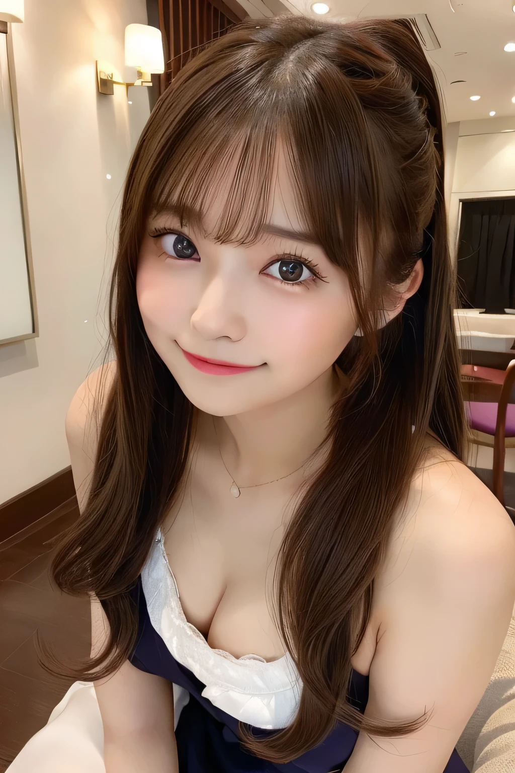 One Girl, Very cute face,masterpiece, Highest quality, Ultra-fine、huge , Brown Hair, Laughter, Sit on, Send glances, Hotel、Extreme、ponytail, bust、Ample breasts、Nogizaka、Beautiful dark eyes:1.３、 、more_detailed:1.5、　Completely naked