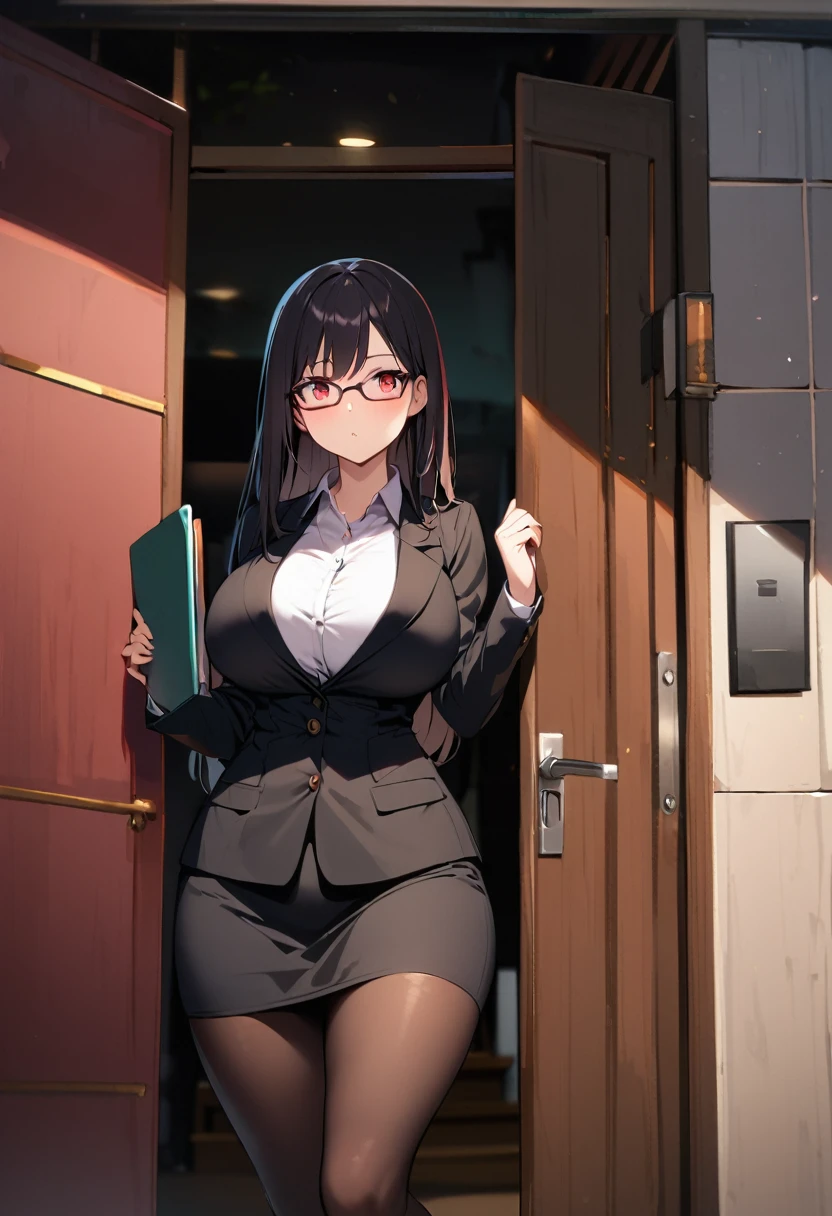 1 girl,black long hair,large breasts,red eyes,wide hips,curvy,glasses,black suit,miniskirt,black pantyhose,holding a folder with her right hand,entrance