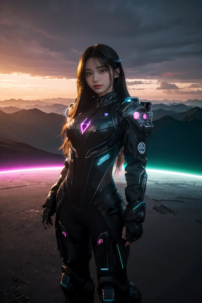 ((masterpiece, best quality, extremely detailed), volumetric lighting, ambient occlusion, colorful, glowing), 
1girl, solo, young girl, (dark hair), long hair, halo, aura, sacred, godness, cyber suit, (black outfit:1.3), android, bot, cybernetic wings,
outdoors, sunset, sky, clouds, space, (cyberpunk theme:1.2),