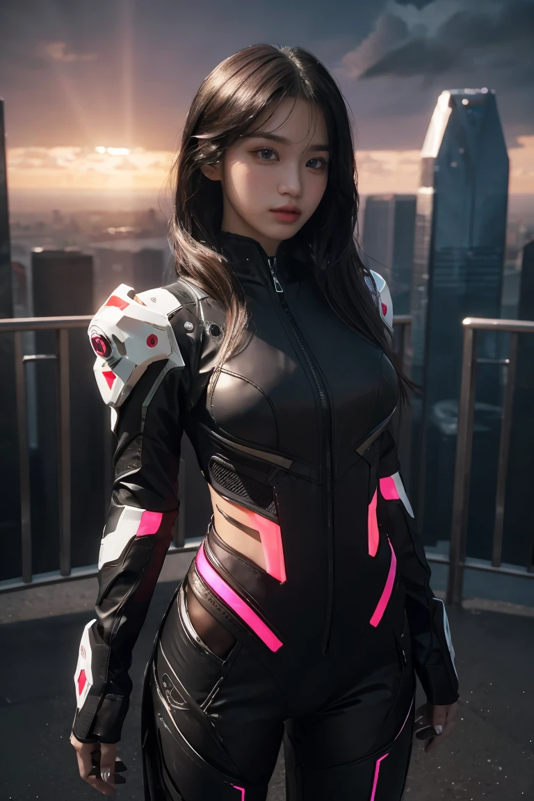 ((masterpiece, best quality, extremely detailed), volumetric lighting, ambient occlusion, colorful, glowing), 
1girl, solo, young girl, (dark hair), long hair, halo, aura, sacred, godness, cyber suit, (black outfit:1.3), android, bot, cybernetic wings,
outdoors, sunset, sky, clouds, space, (cyberpunk theme:1.2),