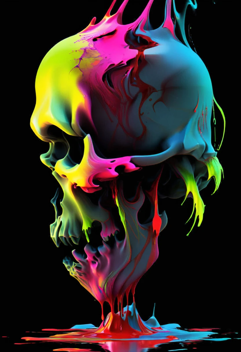 A detailed close up. front view, dark artsy skull with ((decaying fading effect)) dull color , ((neon colorful blood dripping)) with tormented in agony expression. Using expressionism vibrant color art with ((high resolution , clear clarification with detailed refine image))