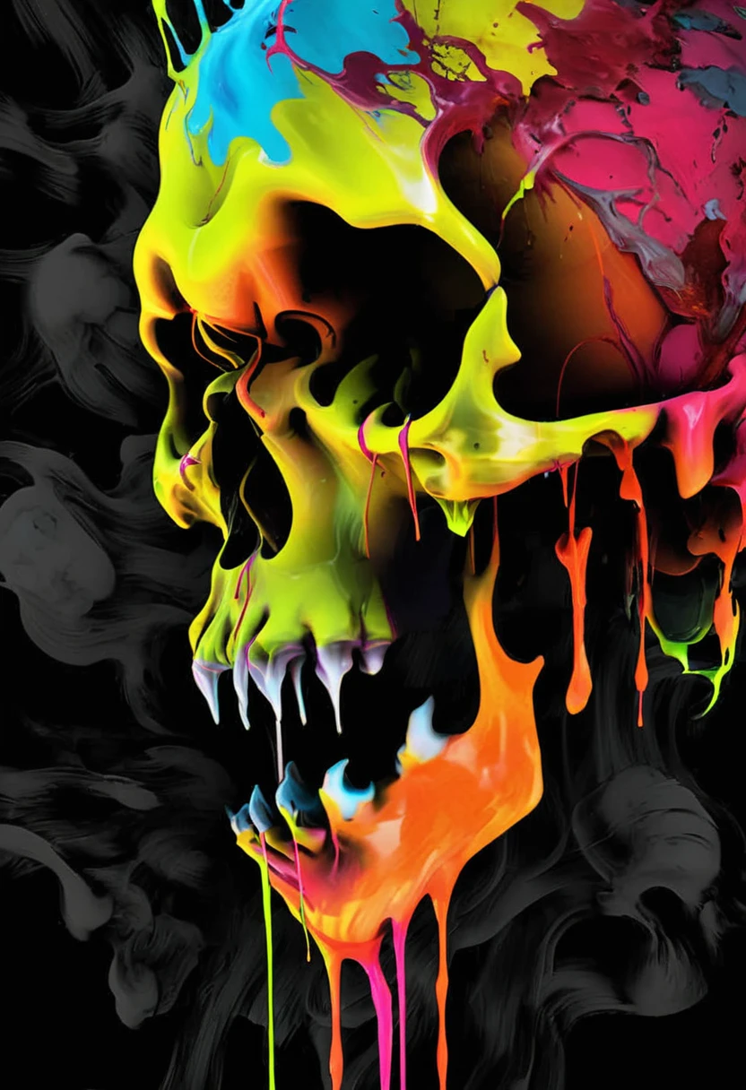 A detailed close up. front view, dark artsy skull with ((decaying fading effect)) dull color , ((neon colorful blood dripping)) with tormented in agony expression. Using expressionism vibrant color art with ((high resolution , clear clarification with detailed refine image))