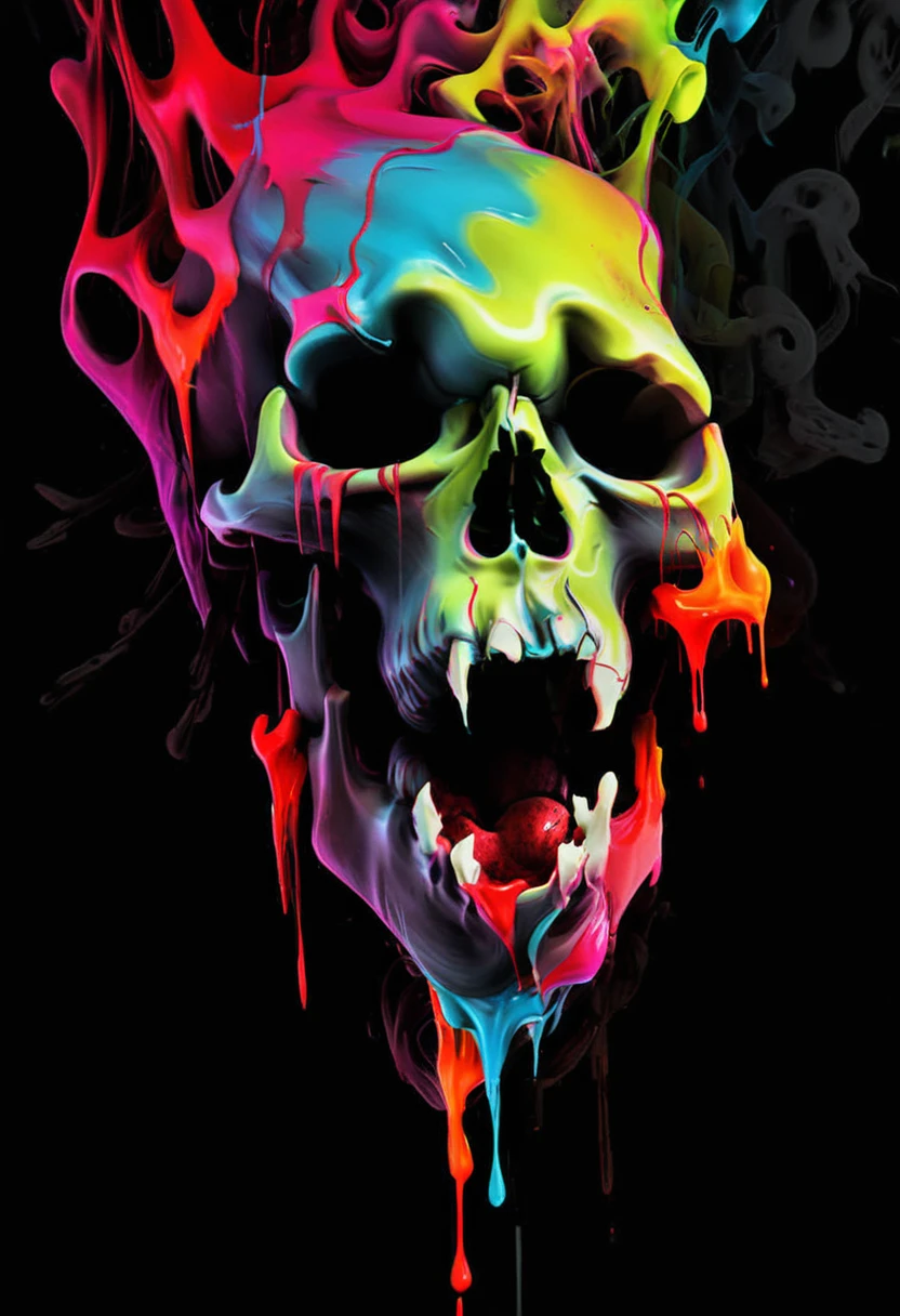 A detailed close up. front view, dark artsy skull with ((decaying fading effect)) dull color , ((neon colorful blood dripping)) with tormented in agony expression. Using expressionism vibrant color art with ((high resolution , clear clarification with detailed refine image))