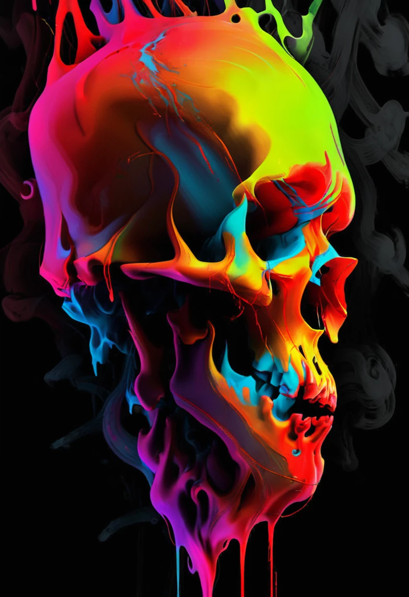 A detailed close up. front view, dark artsy skull with ((decaying fading effect)) dull color , ((neon colorful blood dripping)) with tormented in agony expression. Using expressionism vibrant color art with ((high resolution , clear clarification with detailed refine image))