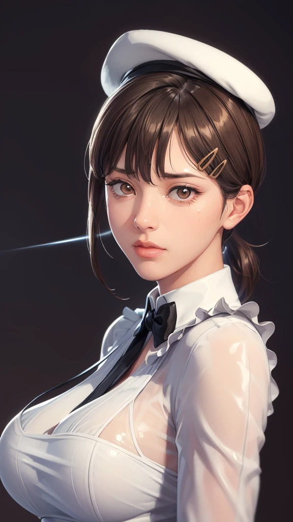 (((Perfect body,White and tender skin,(((Black strap dress, black long bow tie, white lining, black hat))),(((kobeni higashiyama, black hair, hair ornament, hairclip, ponytail, short hair, (brown eyes:1.5),))),((masterpiece)),highres,((Best quality at best)),masterpiece,quality,Best quality,((( Exquisite facial features,Looking at the audience,There is light in the eyes,(((frown,Wronged))),Scissorhands))),(((Light and shadow,Huge breasts,))),(((Looking at the camera,White background))))