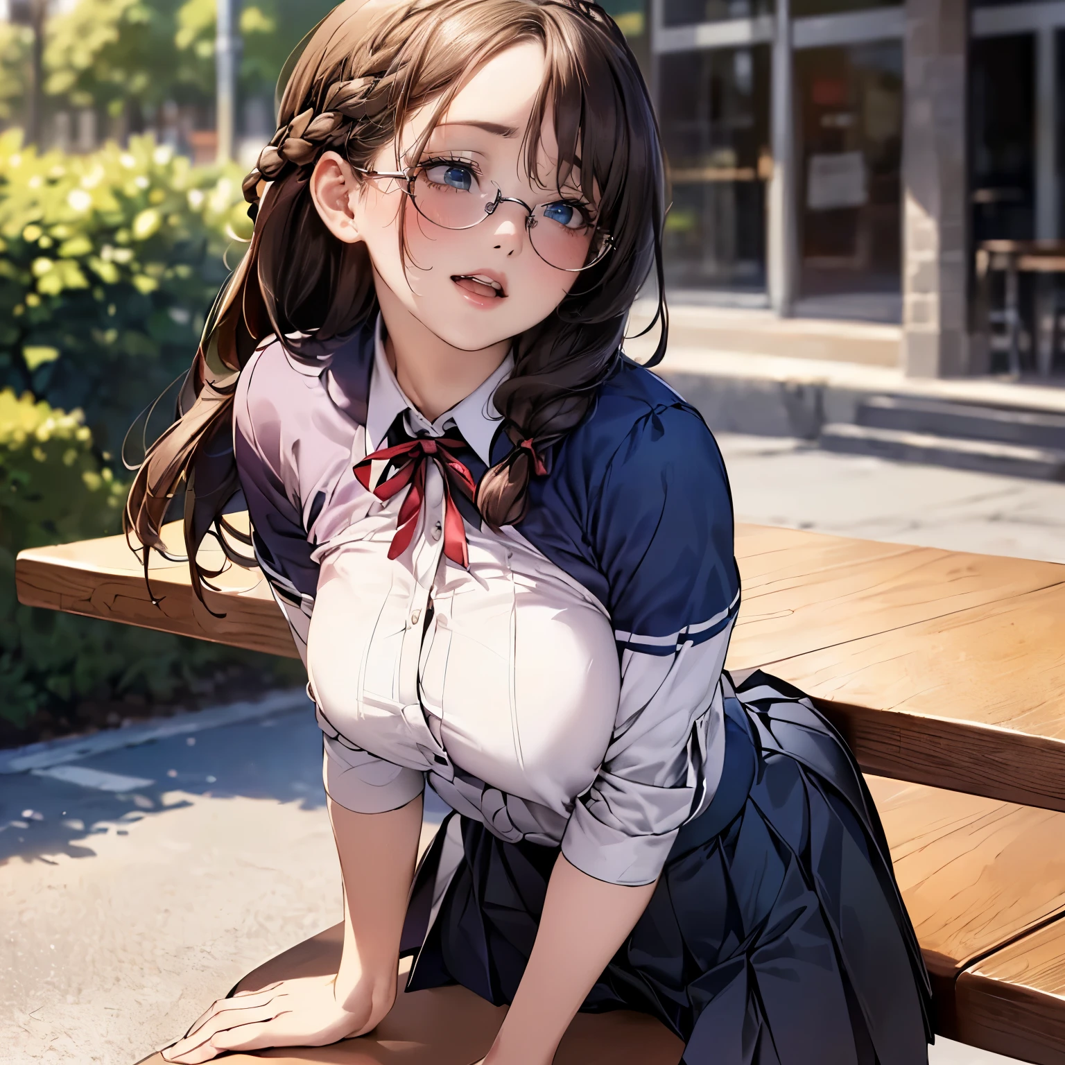 ((braid, glasses, pleated skirt, ribbon)), (((round face))), ((eyes with realistic sizing, drooping eyes, blush, shame smile, thin lips, spread legs)), (((standing and straddling to hit her crotch against an edge of the table for musturbation))), open mouth, (outside, on the sidewalk, terrace table), (angle from side),