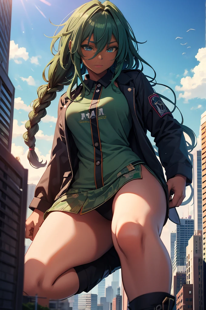 dreadlocks,dark green hair,pajama pantd,pajsm shirt,bedtime attrie, boits,tired,dark skin,dark skinned femslr,blue eyes,GtsGiga,Gtscity,Rampage,giantess art,.mature female,solo,1girl,meduim bosom,muscalr woman,milf,best quality,masterpiece,fuzzy boots,Gtscity,cityscape