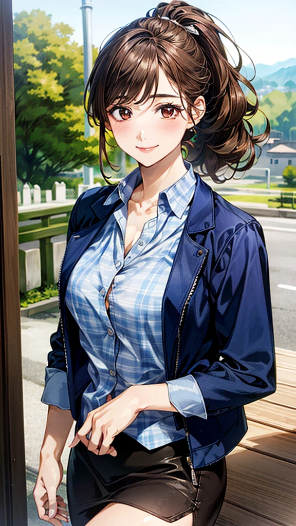 (masterpiece:1.2, Highest quality), (Realistic, photoRealistic:1.4), Beautiful illustrations, (Natural Side Lighting, Cinema Lighting), ,
View your viewers, 1 Girl, Japanese, Perfect Face, Cute and symmetrical face, Shiny skin,
(Long Hair, Curly Hair, ponytail, Brown Hair), Brown eyes, Long eyelashes, (Large Breasts,),
Beautiful Hair, Beautiful Face, Beautiful attention to detail, Beautiful clavicle, Beautiful body, Beautiful breasts, Beautiful thighs, Beautiful feet, Beautiful fingers,
Button-down shirt, ((Blue checked shirt, Unbuttoned shirt, open brown zipper jacket)), leather jacket, red and black skirt, Hair Ribbon,
(Beautiful views), morning, (village, wood), Standing, (smile),