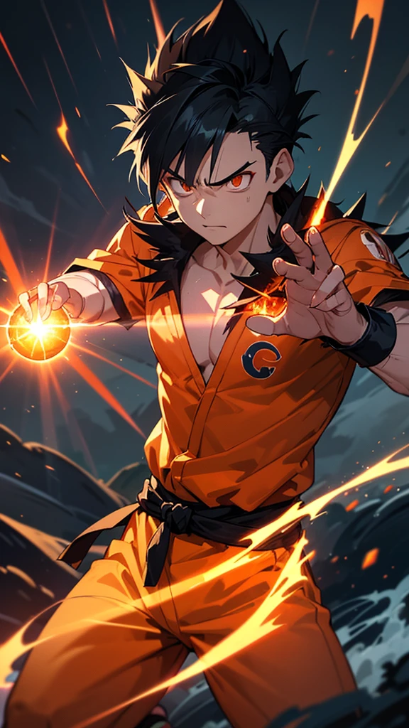 a powerful young man with spiky black hair, intense eyes, and a determined expression, wearing an orange gi with the kanji "wave" on the chest, performing the famous Kamehameha energy attack with both hands raised, detailed realistic rendering, 8k, photorealistic, dramatic lighting, vibrant colors, cinematic composition