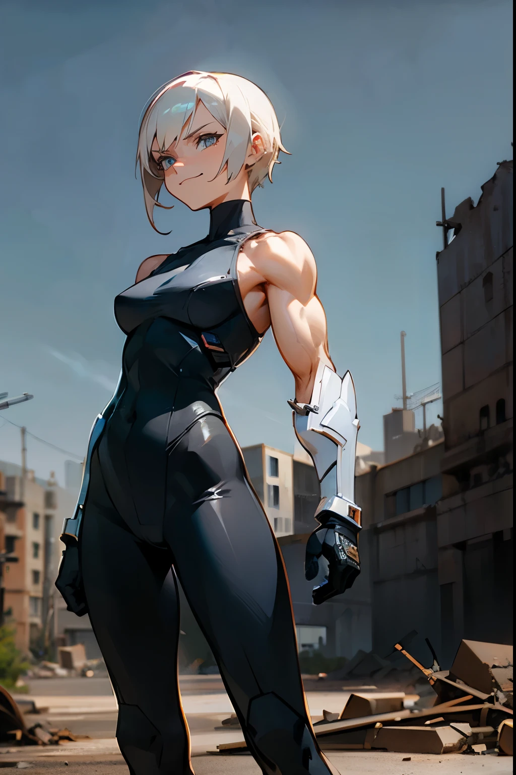 1female , Muscular , Sleeveless Black Bodysuit with White Armorpieces , Armored Military Clothing , Standing in a ruined city background , Confident Smirk , Cinematic Lightning , Masterpiece Quality
