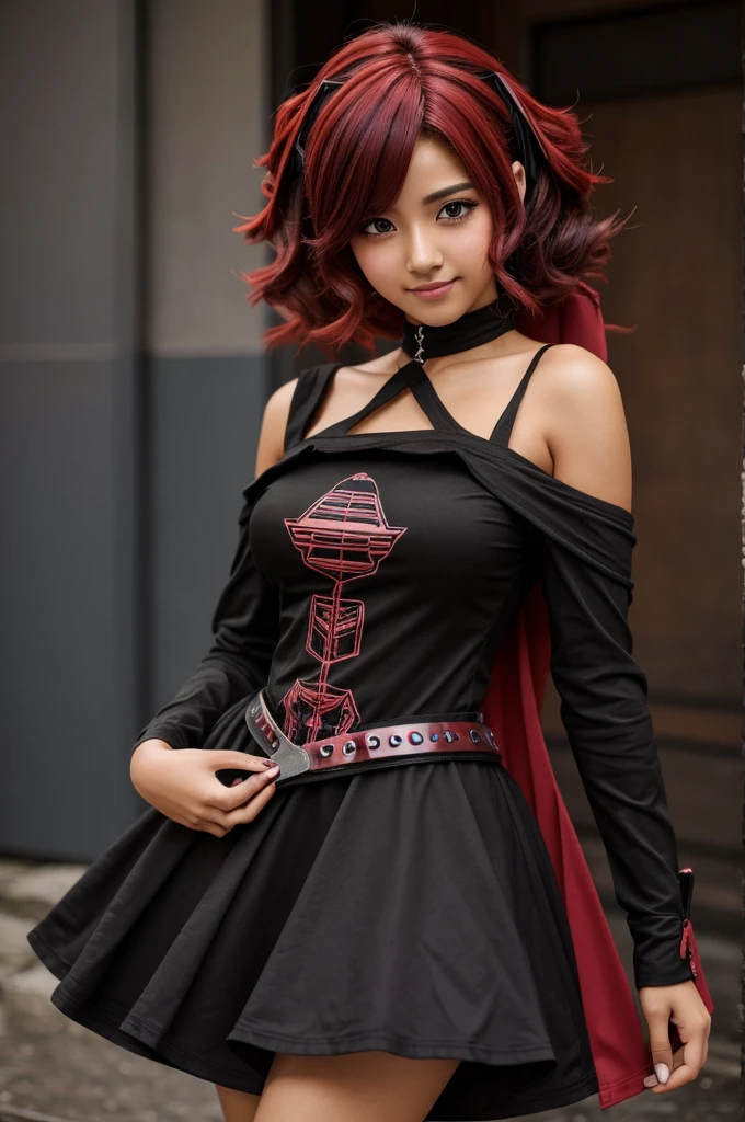 chica de anime con un vestido obscuro, de pelo color negro con mechones de pelo rojo, May she be blushing and happy