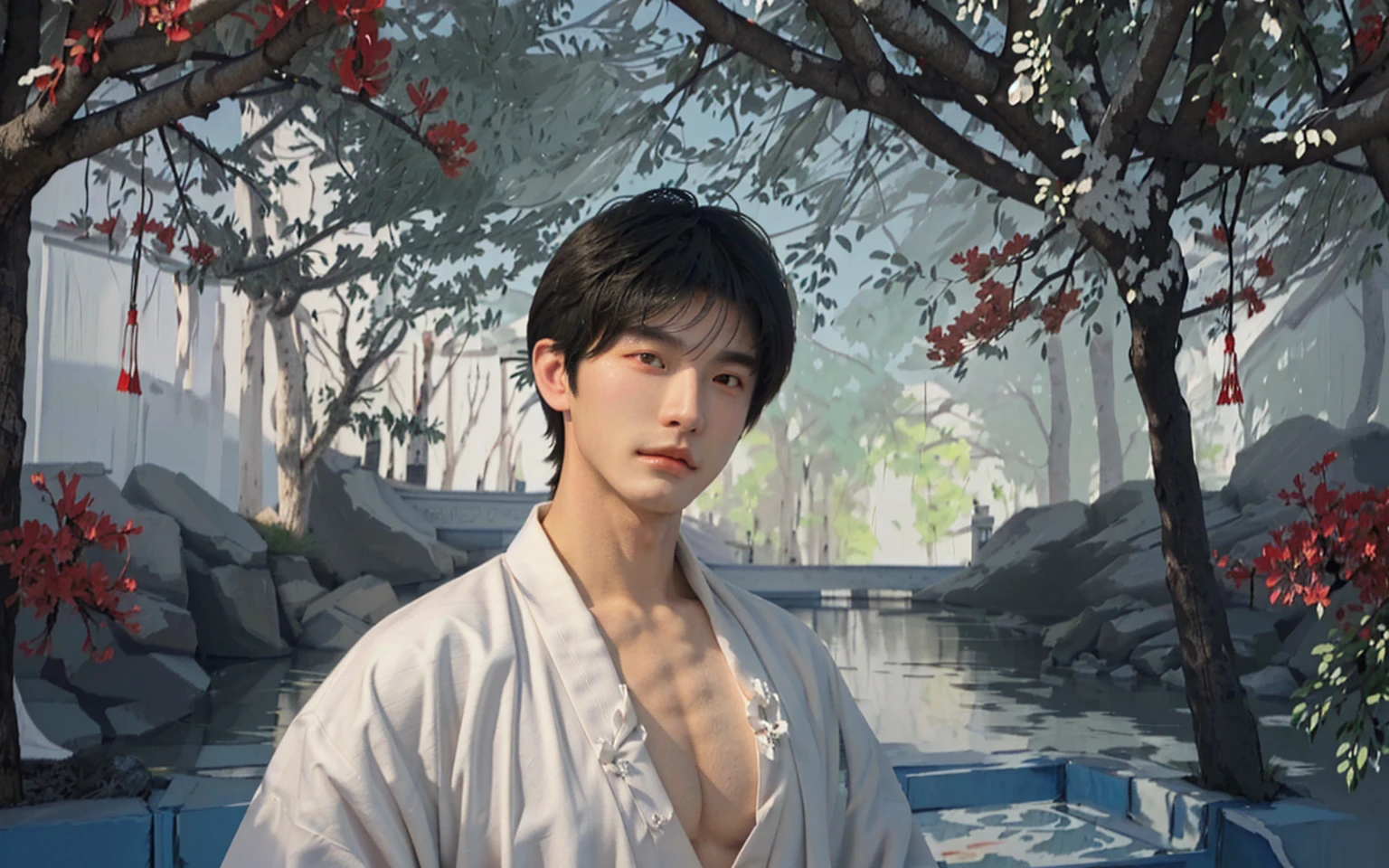 white robe good-looking boy,teenage boy,handsome boy,traditional Chinese painting,traditional Chinese art,(((looking at you))),(gazing at you),muscular,huge wide chest,huge plump chest