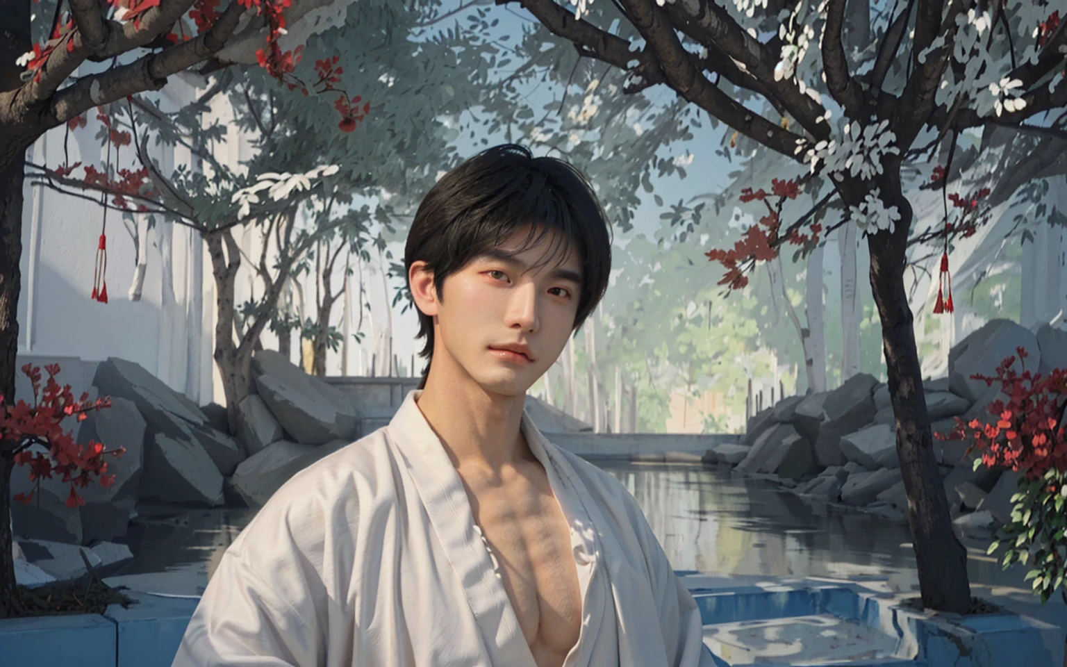white robe good-looking boy,teenage boy,handsome boy,traditional Chinese painting,traditional Chinese art,(((looking at you))),(gazing at you),muscular,huge wide chest,huge plump chest