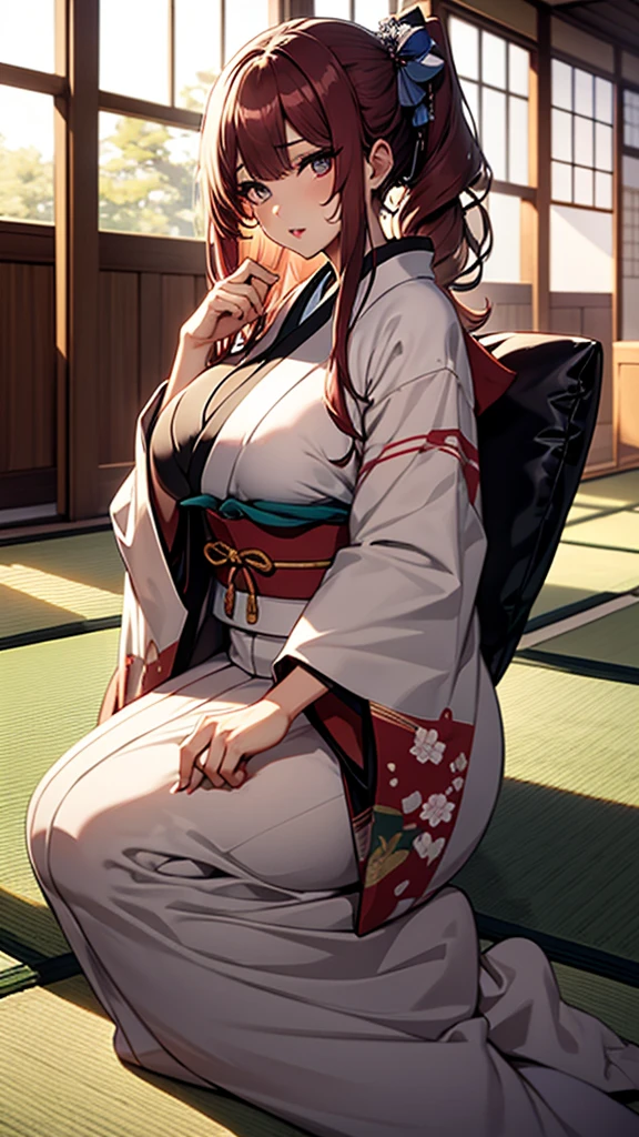 (1girl:1.3), Masterpiece, Best quality, amazing beauty, [[3D]], 4K, absurdres, finely detail, super detailed eye, perfect anatomy, official art, cinematic lighting, BREAK, (Japanese-style room, tatami, futon
,mattress, pillow:1.3), silky long hair, silky side ponytail, red hair, super shiny detailed black eye, big eyes, sparkle(in the eyes), thick eyebrow, close-mouth, plump lips, Mascara, False eyelashes, red lips, hairpin, Looks like fun, BREAK , huge breasts, tall, medium, wheat skin, , BREAK , traditional Japanese setting, young woman in a colorful kimono, seiza, gazing at the scenic view, serene atmosphere, natural lighting, high detail, BREAK,(kimono:1.3)