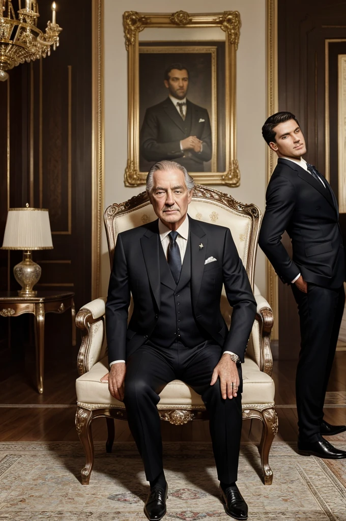 ((best quality)), ((masterpiece)), (detailed), perfect face, royal father sitting on chair ,son is standing back,black suits,father keep one leg on another leg ,son standing smart ,both wearing black suits,multi picture