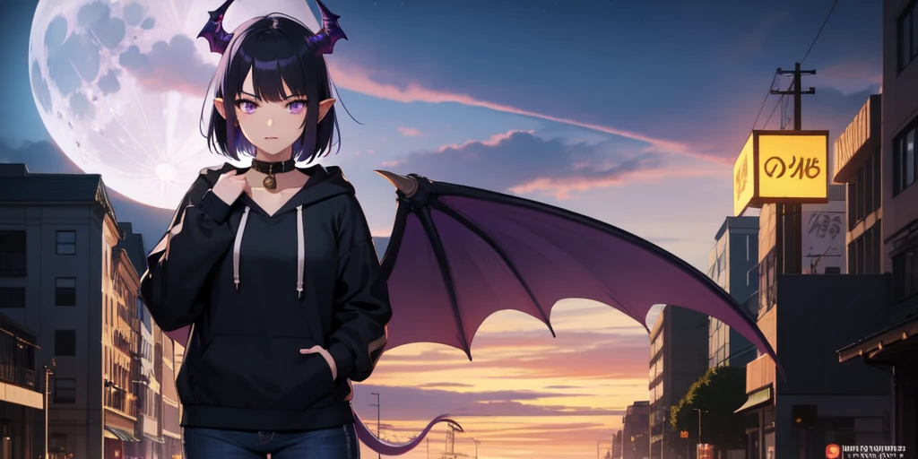 Beautiful woman, badass, sexy, holding katana, collar with bell around her neck, black jeans on her, black hoodie jacket on her, black and purple striped shirt under her hoodie, purple and black hair, dragon tail, dragon wings, black horns on head, large , shy expression, standing up, moon in background, outside, purple eyes, HD, 1080p, perfect quality, hyper realistic, detailed