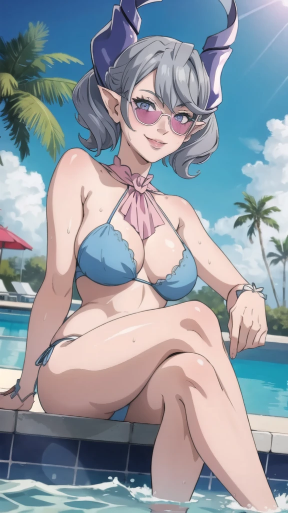 High level image quality best image quality 8K adult woman pool party palm trees more colors whole body view portrait blue bikini horn ears short hair((shortcut)(gray hair)(perm)(fluffy)) eye color is blue , pink sunglasses , attractive evil face , smile , sexy pose , labrynth , barearm , wearing pink shirt , sitting by the pool , crossed legs , all wet , wet hair , view from below
