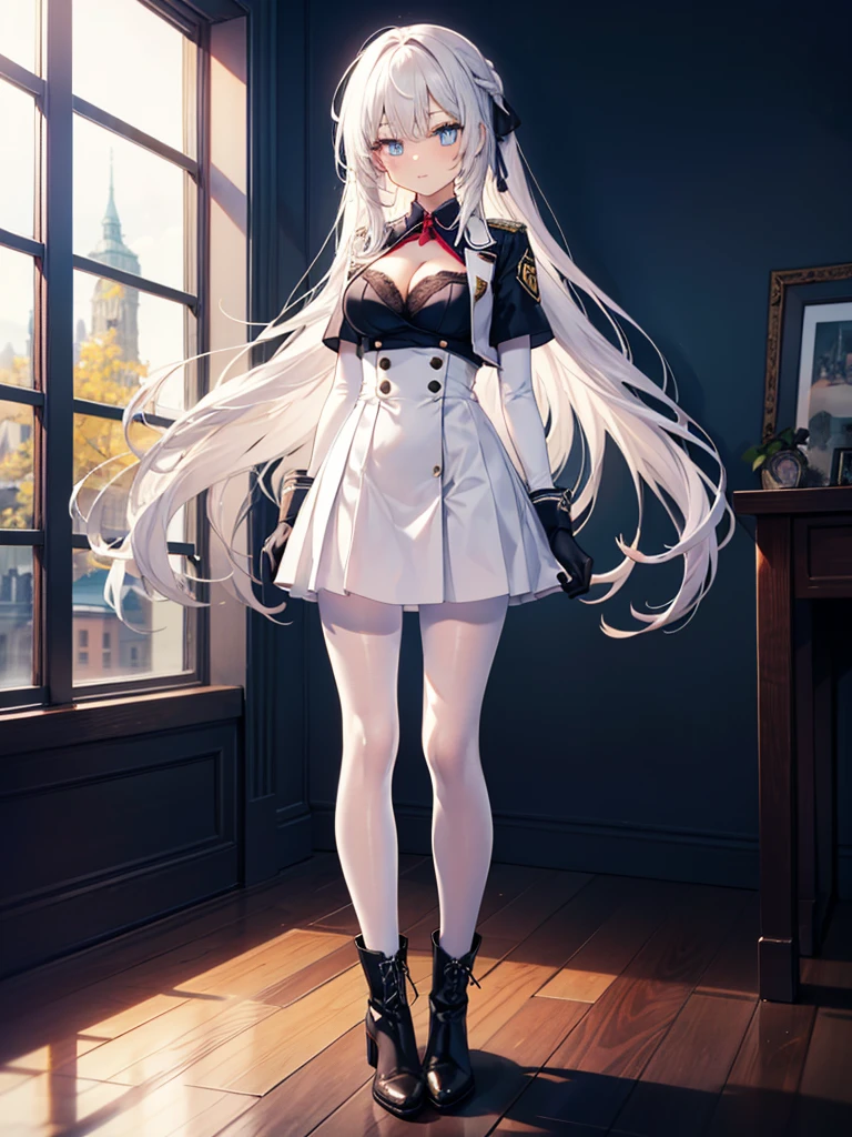 ,long hair,straight_hair,bright_pupils,cleavage,slender_waist,ankle_boots,elbow_gloves,1girl,white_pantyhose,lace,Uniforms