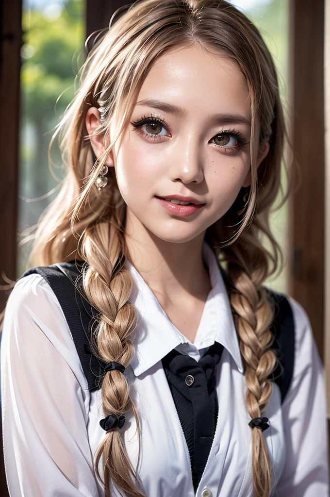 Realistic, masterpiece, Highest quality, Highest Resolution, High Detail, Soft Light, Professional Lighting, Backlight, Film Grain, The background is blurred, Japanese , (The subject was photographed from below at an angle, The model does not look at the camera:1.2), 16 years old, Upper body photo, Looks sleepy, inattention, Grinning, Open your mouth, Beautiful and detailed eye drawing, (Droopy eyes:1.3), Dark Eyes, Thin eyebrows, Draw eyelashes carefully, Eyelash extensions, Gal Makeup, Orange Cheek,  (White brown wavy hair, Long Hair, Hair tied back, middle part:1.3), (Hidden eyelid wrinkles:1.3), (Gothic summer school uniform:1.3), (Summer forest:1.3)