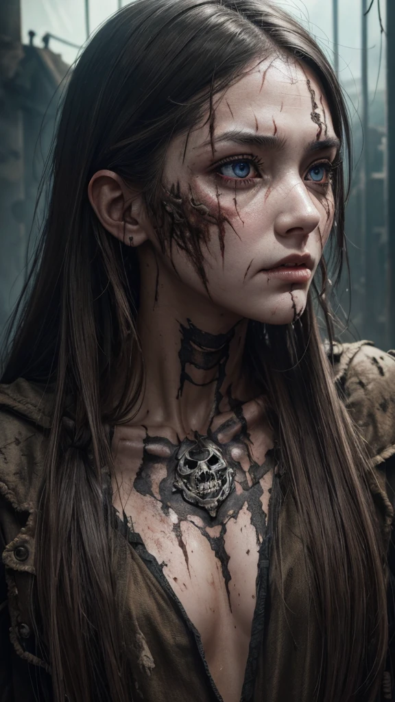 8K、zombie、tatteredclothing、rotten skin on the face、Face full of scars、Dirty muddy hair、Highly detailed dry rotten peeling dead skin、Malnourished women、blindly、wide angles、detailed environment、Detailed background、ighly detailed、Convoluted、Detailed skin、Natural colors、Professional Color Grading、photorealisim、8K、Moody lighting、Art by George Fau、超A high resolution、A hyper-realistic、pure white eyes、eyeballs fall、Part of the face becomes a skeleton、attack someone by baring one's teeth、skin on face peels off、a person々Attack,