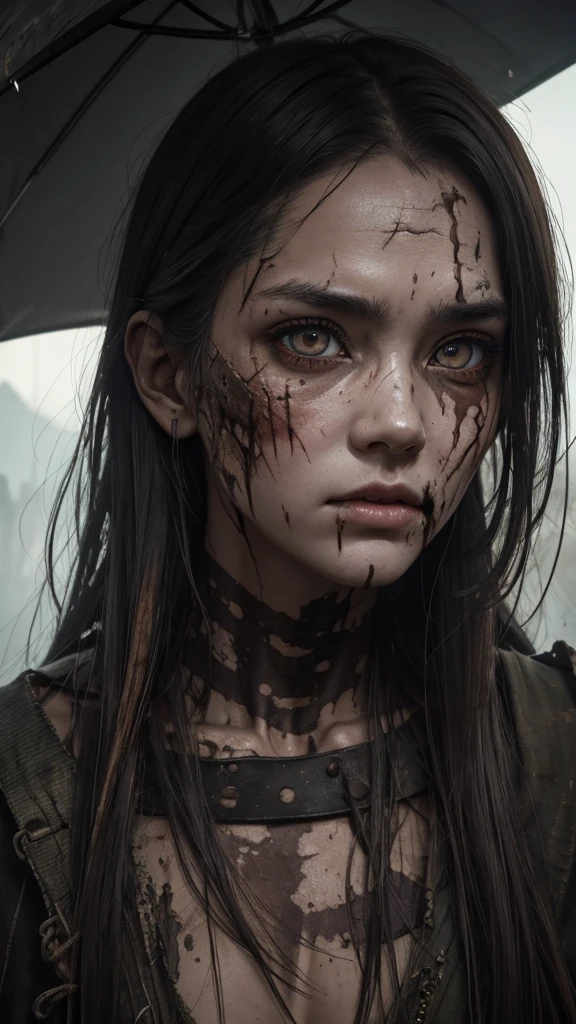 8K、zombie、tatteredclothing、rotten skin on the face、Face full of scars、Dirty muddy hair、Highly detailed dry rotten peeling dead skin、Malnourished women、blindly、wide angles、detailed environment、Detailed background、ighly detailed、Convoluted、Detailed skin、Natural colors、Professional Color Grading、photorealisim、8K、Moody lighting、Art by George Fau、超A high resolution、A hyper-realistic、pure white eyes、eyeballs fall、Part of the face becomes a skeleton、attack someone by baring one's teeth、skin on face peels off、a person々Attack,