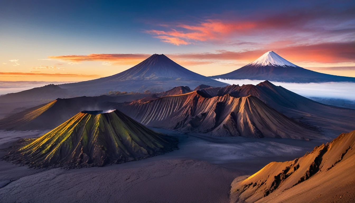 a majestic volcanic landscape at sunrise. Focus on capturing the dramatic lighting as the first rays of sunlight hit the peaks, casting long shadows and illuminating the rugged textures of the volcanoes. Use rich, warm colors to highlight the sunrise, blending with the cool blues and purples of the early morning sky. Add a layer of mist or smoke rising from the craters to create a sense of depth and mystery. The overall composition should evoke a sense of awe and the natural beauty of volcanic terrain.
