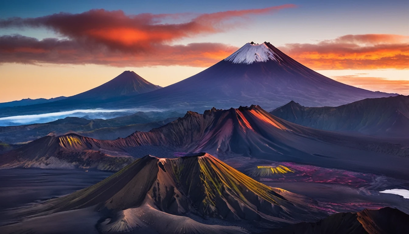 a majestic volcanic landscape at sunrise. Focus on capturing the dramatic lighting as the first rays of sunlight hit the peaks, casting long shadows and illuminating the rugged textures of the volcanoes. Use rich, warm colors to highlight the sunrise, blending with the cool blues and purples of the early morning sky. Add a layer of mist or smoke rising from the craters to create a sense of depth and mystery. The overall composition should evoke a sense of awe and the natural beauty of volcanic terrain.