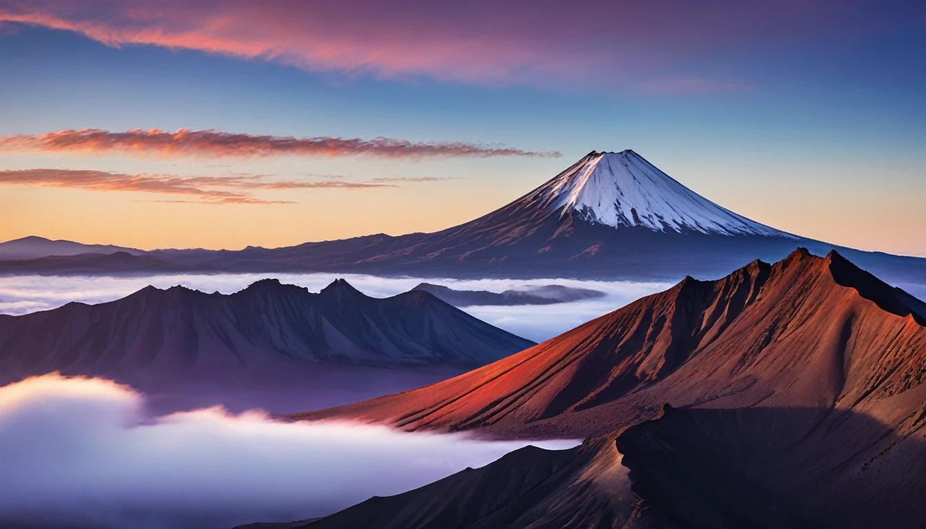 a majestic volcanic landscape at sunrise. Focus on capturing the dramatic lighting as the first rays of sunlight hit the peaks, casting long shadows and illuminating the rugged textures of the volcanoes. Use rich, warm colors to highlight the sunrise, blending with the cool blues and purples of the early morning sky. Add a layer of mist or smoke rising from the craters to create a sense of depth and mystery. The overall composition should evoke a sense of awe and the natural beauty of volcanic terrain.