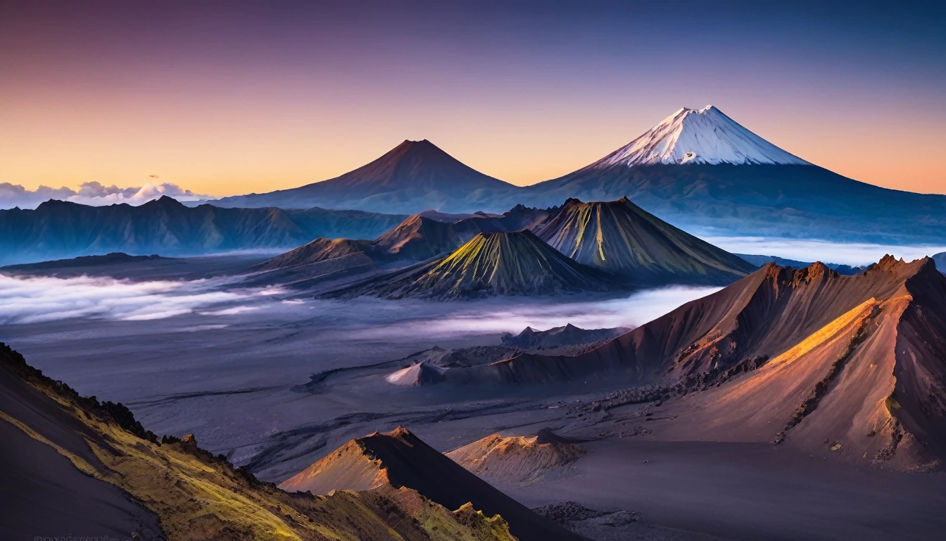a majestic volcanic landscape at sunrise. Focus on capturing the dramatic lighting as the first rays of sunlight hit the peaks, casting long shadows and illuminating the rugged textures of the volcanoes. Use rich, warm colors to highlight the sunrise, blending with the cool blues and purples of the early morning sky. Add a layer of mist or smoke rising from the craters to create a sense of depth and mystery. The overall composition should evoke a sense of awe and the natural beauty of volcanic terrain.