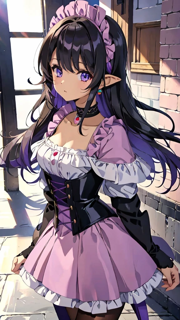 Una chica de piel morena sonrojada, con el pelo corto y desordenado con flequillo de color ????? , ojos grandes y redondos de color ?????, hero costume that was a purple corset, a skirt with a pink bow, medias largas con rayas color morado con rosa, y unos zapatos estudiantiles Cute, imagen de alta calidad, colores pastel, orejas de elfo