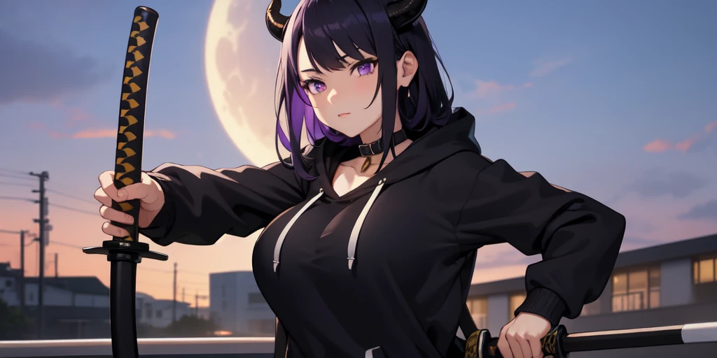 Beautiful woman, badass, sexy, holding katana, collar with bell around her neck, black jeans on her, black hoodie jacket on her, black and purple striped shirt under her hoodie, purple and black hair, dragon tail, dragon wings, black horns on head, large boobs, shy expression, standing up, moon in background, outside, purple eyes, HD, 1080p, perfect quality, hyper realistic, detailed