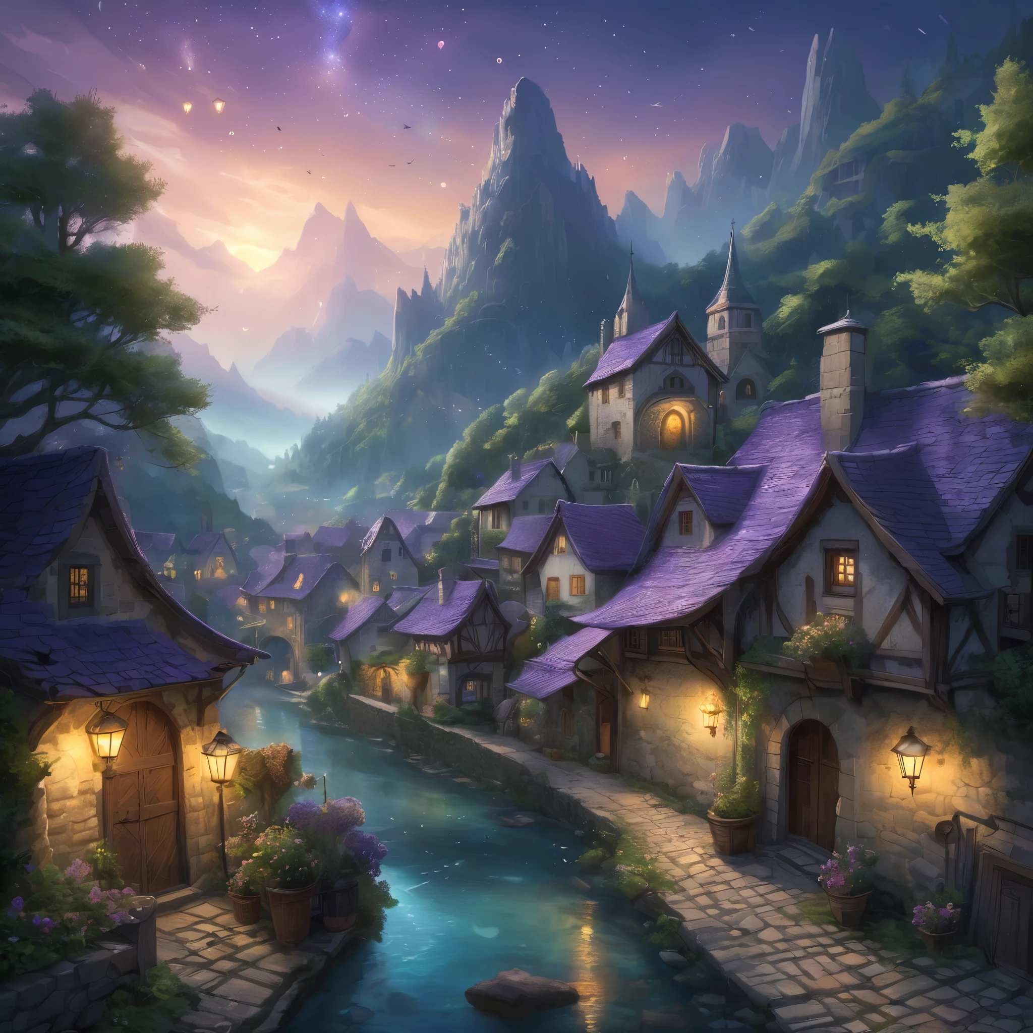 Create an incredibly enchanting and visually stunning image of an "Ancient Otherworldly Little Town." Imagine a secluded, mystical village nestled in a hidden valley, surrounded by towering, ethereal mountains and dense, enchanted forests. The architecture of the town is a blend of ancient stone buildings with intricate carvings and organic, nature-inspired structures that seem to grow from the ground itself.

In the foreground, a cobblestone street winds through the town, lined with lanterns that emit a soft, magical glow. The townspeople, dressed in robes and garments of an otherworldly style, go about their daily activities, some tending to glowing gardens, others working with mysterious artifacts.

The town square features a magnificent, ancient tree with sprawling branches that reach towards the sky, its leaves shimmering with an iridescent light. Around the tree, market stalls sell exotic goods and magical items, creating a bustling, vibrant atmosphere.

The sky above is a twilight gradient of deep purples, blues, and teals, with stars and celestial phenomena adding to the sense of wonder. The mountains and forests in the background are bathed in a soft, ethereal mist, adding depth and mystery to the scene.

The color palette should be rich and mystical, with a harmonious blend of natural and magical hues. Use detailed, flowing lines to capture the intricate beauty of the town and its surroundings. The entire image should evoke a sense of wonder, serenity, and the timeless charm of an ancient, otherworldly little town.