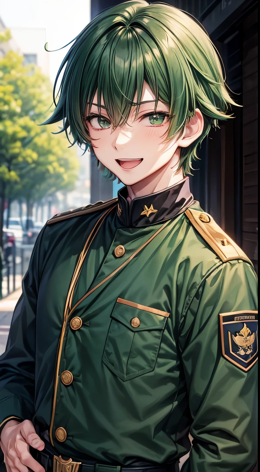 Anime style boy with laughing expression、Green military uniform、cool、Navy Hair、Keirei&#39;s Pose