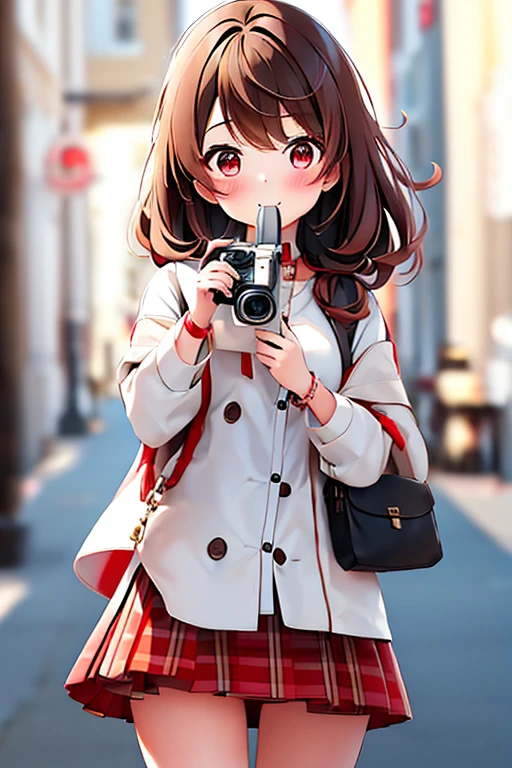 One girl, View Viewer,Taking a selfie with a camera_looking at the camera,Red eyeshadow, Brown Hairロングヘアー,Korean beauty style,Feminine fashion female characters,White shirt,Black Mini Skirt,smile, Close your mouth,alone,Natural pose,Brown Hair,bracelet,Similar to VIVIZ&#39;s UMJI,Korean Style,Korean,かわいいKorean,Natural Makeup,cute,Earrings,Depth of written boundary