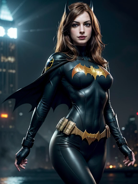 Better Quality,High range),Anne Hathaway,attractive appearance,Green Eyes,Smiling Lips,Passionate look,((Batgirl Costume)),Catwalk models((slender))barefoot, (Dynamic pose), Redhead, Athletic build, so beautiful, ((sexy, Small natural breasts, Camel Toe)), (Highly detailed skin: 1.2), Serious face, Beautiful Face, Highly detailed skin, Skin pores, (Highly detailed face:1.1), (Highly detailed eyes:1.1), Realistic pupils, The whole face turns red, Lip, (Perfect Anatomy:1.1), (Perfect balance:1.1), (photograph:1.1), (photoRealistic:1.1), Volumetric lighting, Dynamic Lighting, True Shadow, (High resolution:1.1), sharp focus, (Realistic, hyperRealistic:1.4), Complex, High detail, dramatic, Scattered under the water, wonderful, smash, sharp, 35mm, 8k, (((Night photograph, Gotham City Background)
