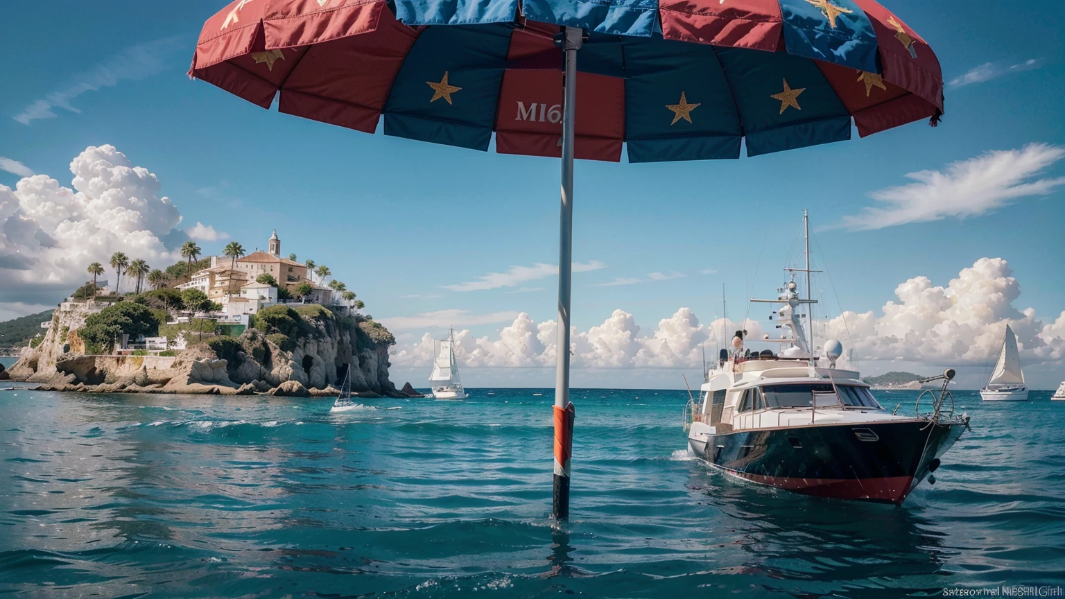 (ultra-high definition, hyper-realistic, highly detailed, high quality, sharp focus, professional lighting, vivid colors, intricate details), (beach in Ibiza Spain background with beach umbrella, water, yachts, boats, detailed architecture, people, vibrant atmosphere), (best quality,4k,8k,16k,Highest,masterpiece:1.2),(realistic,photorealistic,photo-realistic:1.37), (extremely detailed CG unit, 16k wallpaper), 16k UHD, 16k HDR, Fujifilm XT3 sharp focus, professional lighting, vivid colors, intricate details, film grain, Fujifilm XT3 realistic painting art, f5.6, Utilize state-of-the-art deep learning models and adjust parameters according to quality metrics such as Structural Similarity (SSIM) and Perceptual Loss to create an image that is indistinguishable from a real, high-quality photograph, fine-tuning, (be creative),