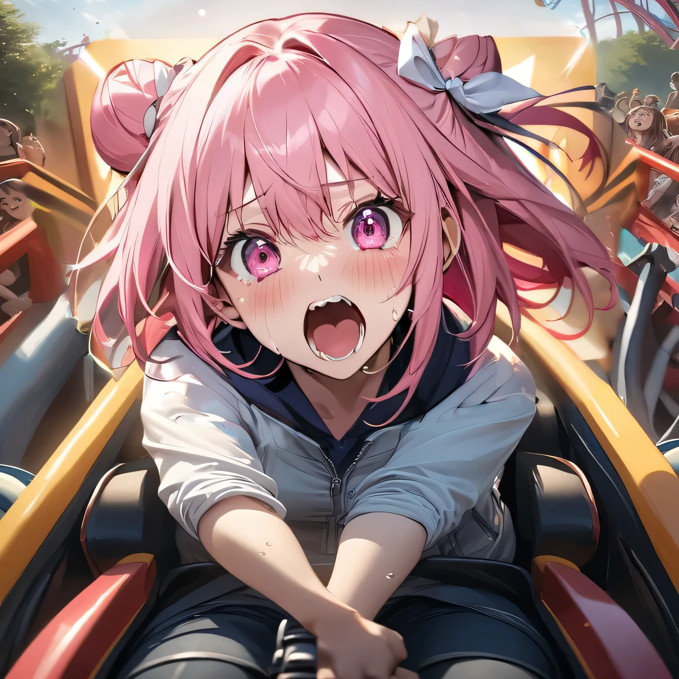 masterpiece, Highest quality, High resolution, {Detailed and beautiful eyes}, finely,  Detailed and beautiful eyes, (Hair Ribbon:0.4), Pink Eyes,(((White bun hair))),(((Long pink hair))),(((Screaming face))),(((Open your mouth wide and scream))),(((I'm crying because I'm scared))),(((Tears))),