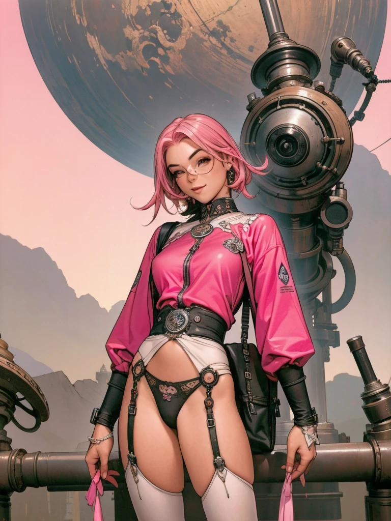 (((Pink Suit))), (((cabelo bob branco))), (((devilish smile))), (((melhor qualidade: 1.4))), (((Pink hair))), (((DuneWalker))), (((post-apocalypse))), (Unbeatable masterpiece), (hiper HD),(CG 8k hiper-realista), 1Garota armada em um mundo futurista usando roupas coloridas e modernas. Corte de cabelo ultra moderno, perfect body with robotic parts, seios grandes, bunda perfeita, muscles without exaggeration, rosto lindo com olhos azuis penetrantes, add textures to clothes and create something different from the usual, add accessories like garter belt, espartilho e luvas com listras, pele bronzeada e com brilho de molhado, industrial environment with giant heavy machines, Intricate machinery and giant robot parts