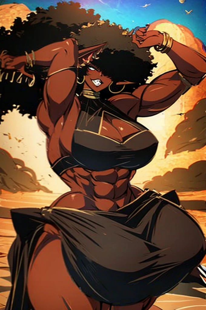 (masterpiece, best quality:1.2),1 girl, voluptuous body, full body, masterpiece, dominant pose, good anatomy, no extra limbs, big ass, thick thighs, black hair, voluminous afro, pointy ears, gold earrings, black top with red details, black skirt with red details, gold necklaces 