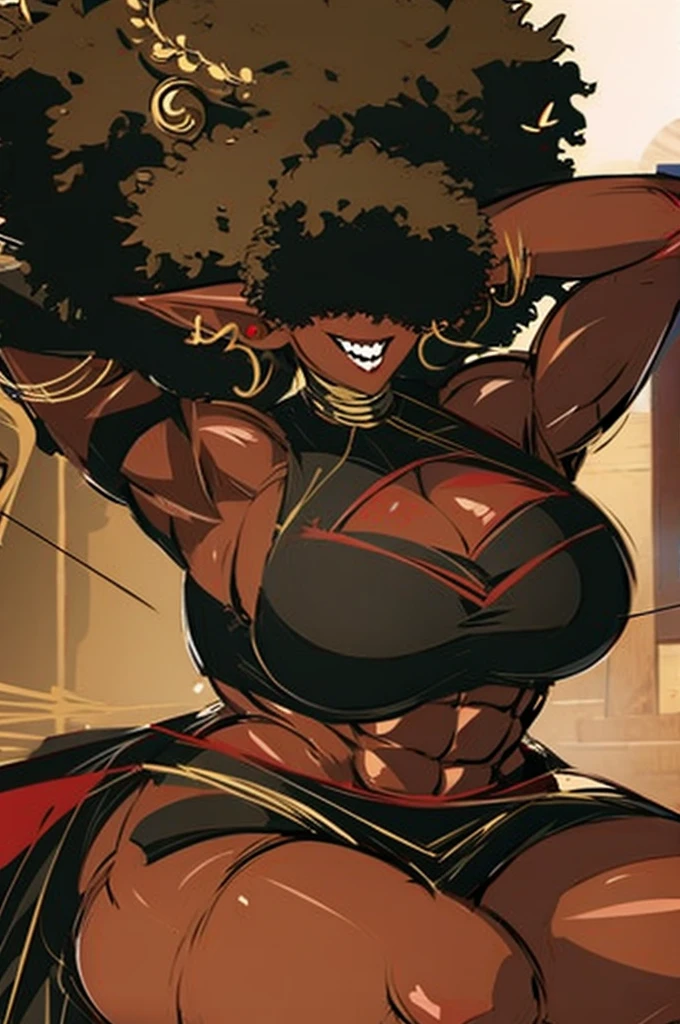 (masterpiece, best quality:1.2),1 girl, voluptuous body, full body, masterpiece, dominant pose, good anatomy, no extra limbs, big ass, thick thighs, black hair, voluminous afro, pointy ears, gold earrings, black top with red details, black skirt with red details, gold necklaces 