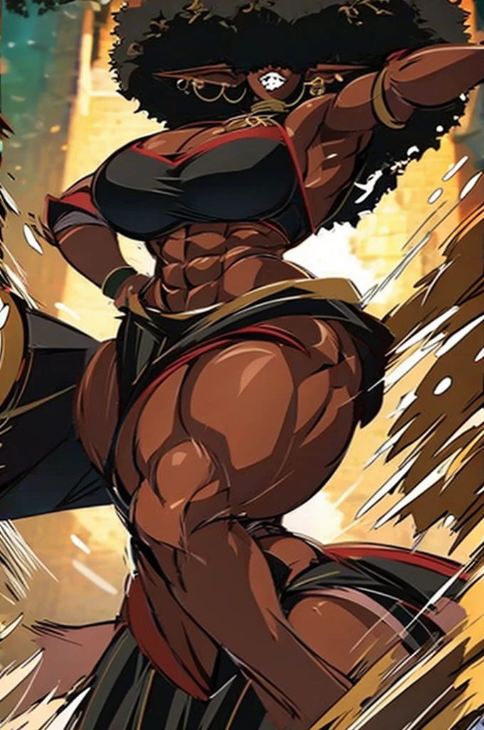 (masterpiece, best quality:1.2),1 girl, voluptuous body, full body, masterpiece, dominant pose, good anatomy, no extra limbs, big ass, thick thighs, black hair, voluminous afro, pointy ears, gold earrings, black top with red details, black skirt with red details, gold necklaces